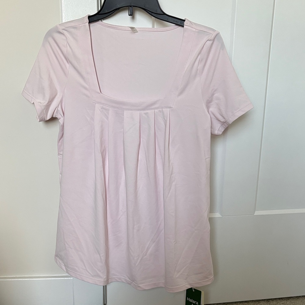 HALARA Light Pink Square Neck Pleated Short Sleeve Tee size S